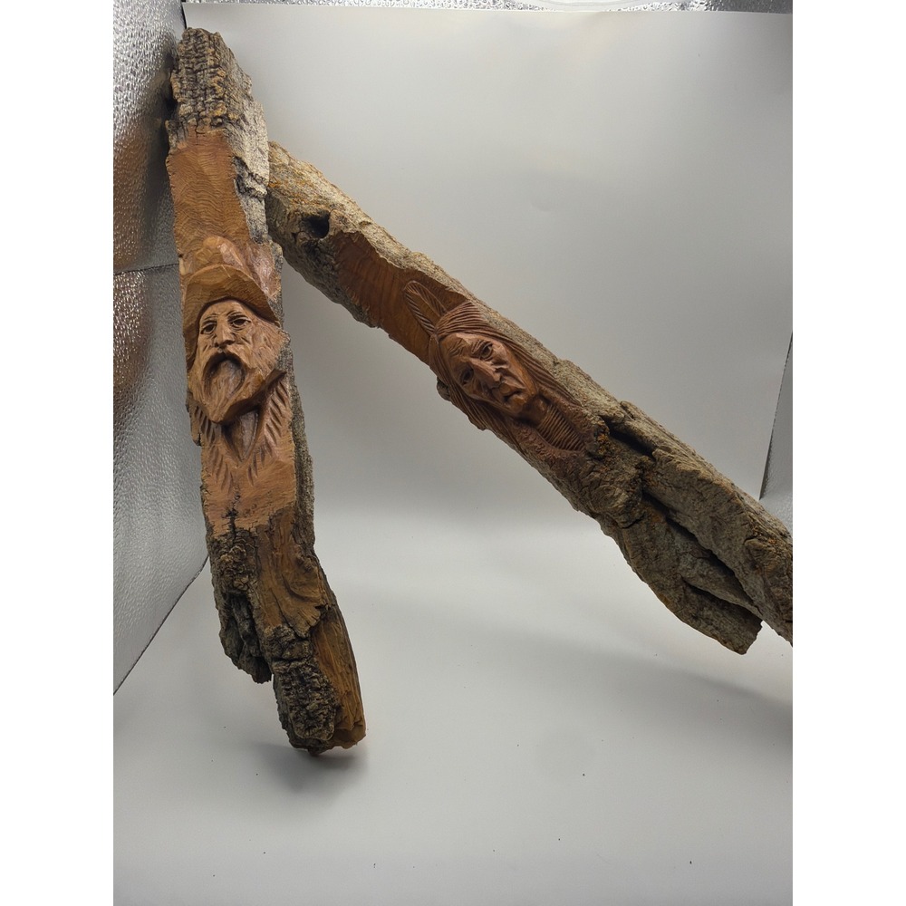 Edward Lewis 1997 Hand Carved Wood Spirit Indigenous Face Bark Art Set of 2